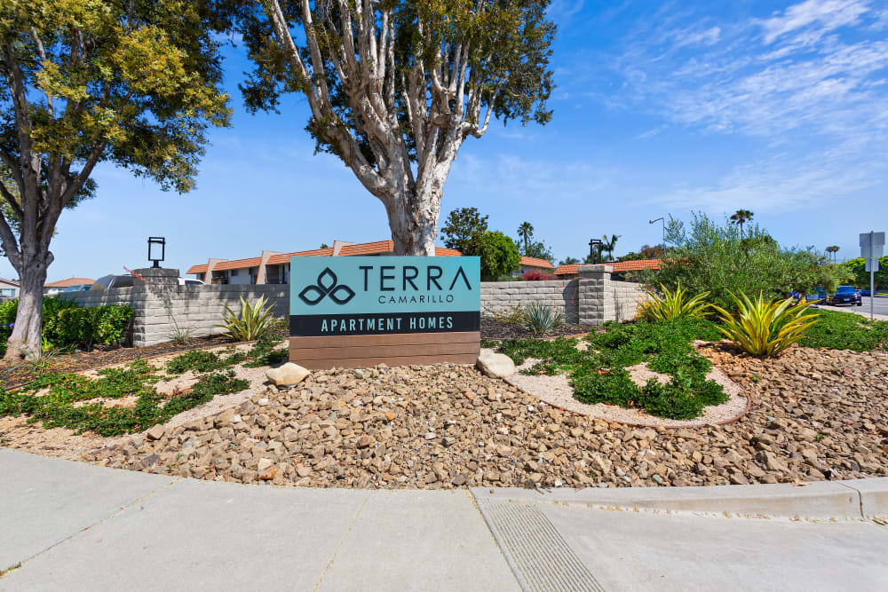 Property entrance and monument on a gorgeous day at Terra Camarillo in Camarillo, California