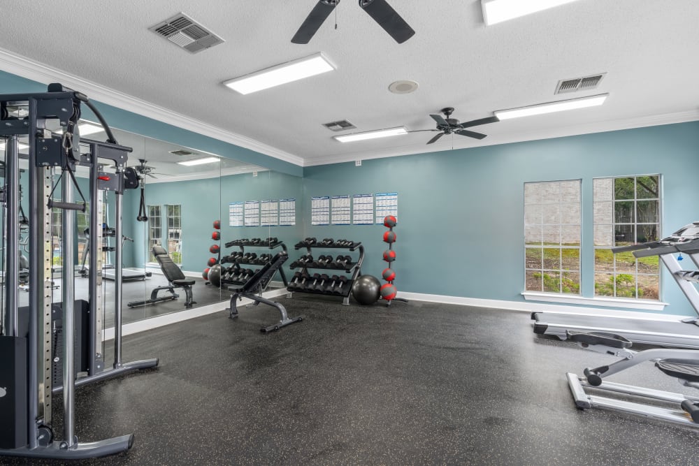 Equipment in the fitness center at Lenox Gates in Mobile, Alabama