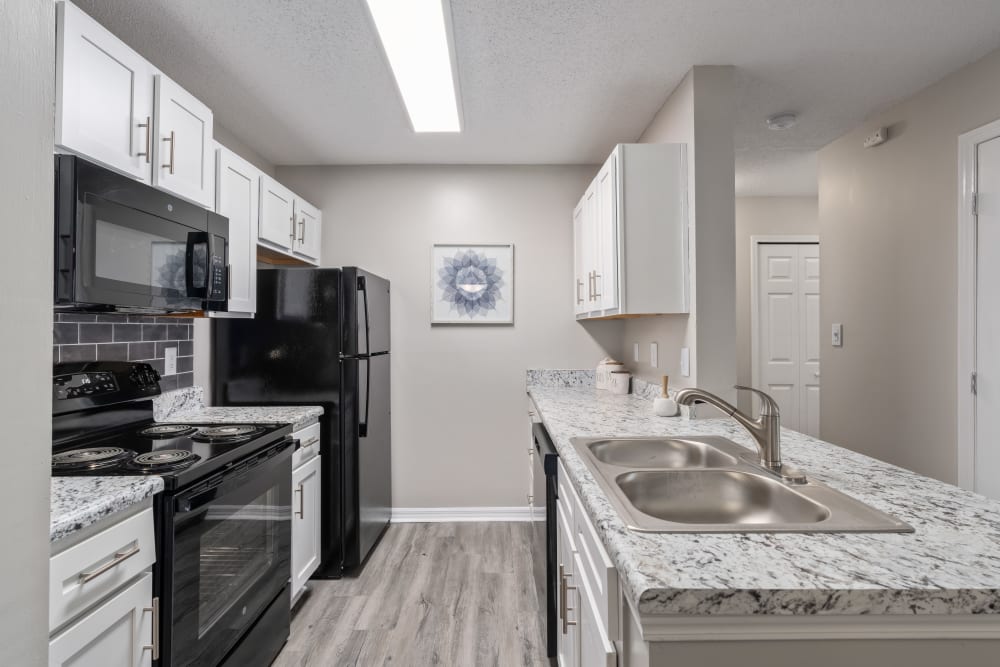 Black and white appliances in an apartment kitchen at Regency Gates in Mobile, Alabama