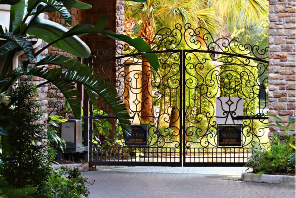 Gated entrance to the pool at The Margot on Sage in Houston, Texas