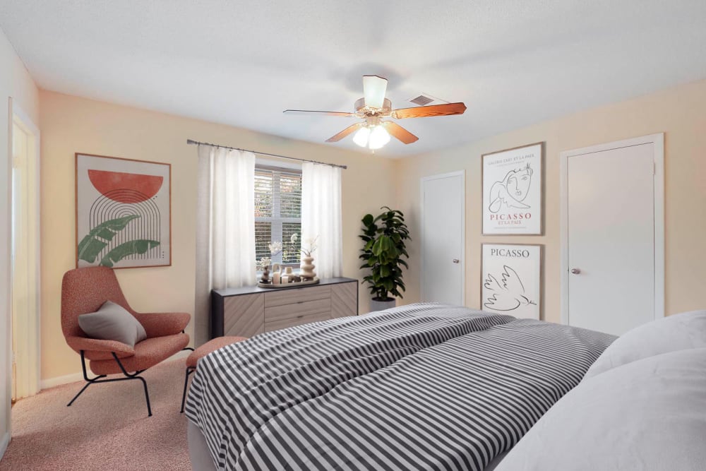 Ceiling fan in bedroom at The Grove at Six Hundred Apartment Homes in Rome, Georgia