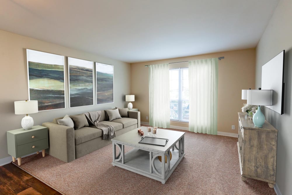 Living room with ceiling fan at Southwood Apartments in Nashville, Tennessee