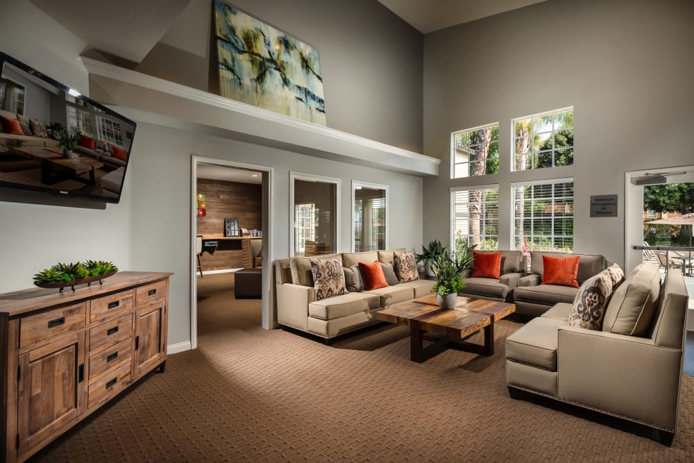 Recreation room with comfy sofas at The Hills of Corona in Corona, California