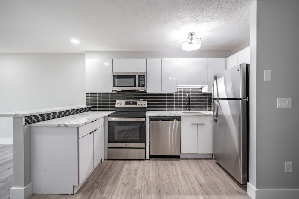 An upgraded apartment kitchen at Whitewood Pond Apartments in North Haven, Connecticut
