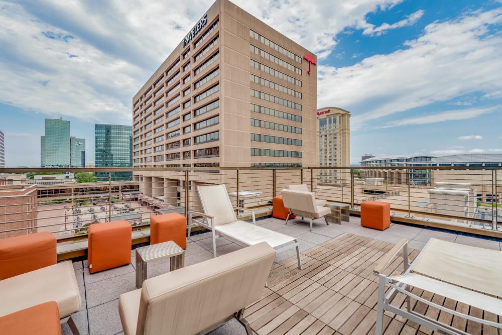 A rooftop lounge for residents at Front Street Lofts in Hartford, Connecticut