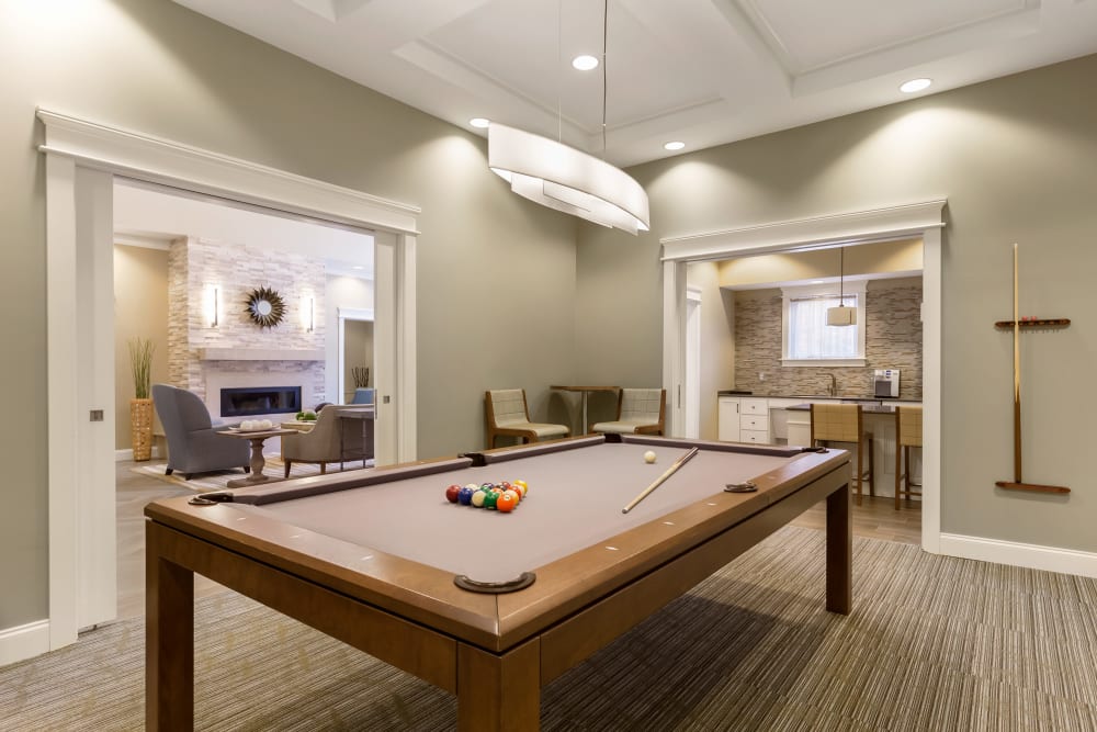 A billiards table in the clubhouse at Sound at Gateway Commons in East Lyme, Connecticut