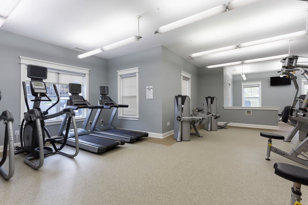 Treadmills and a stair master in the fitness center at Sound at Gateway Commons in East Lyme, Connecticut