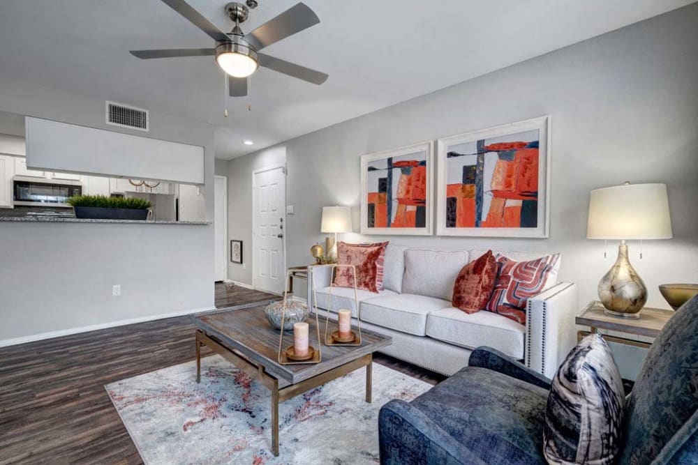 Cozy living room at Foundations at Edgewater in Sugar Land, Texas