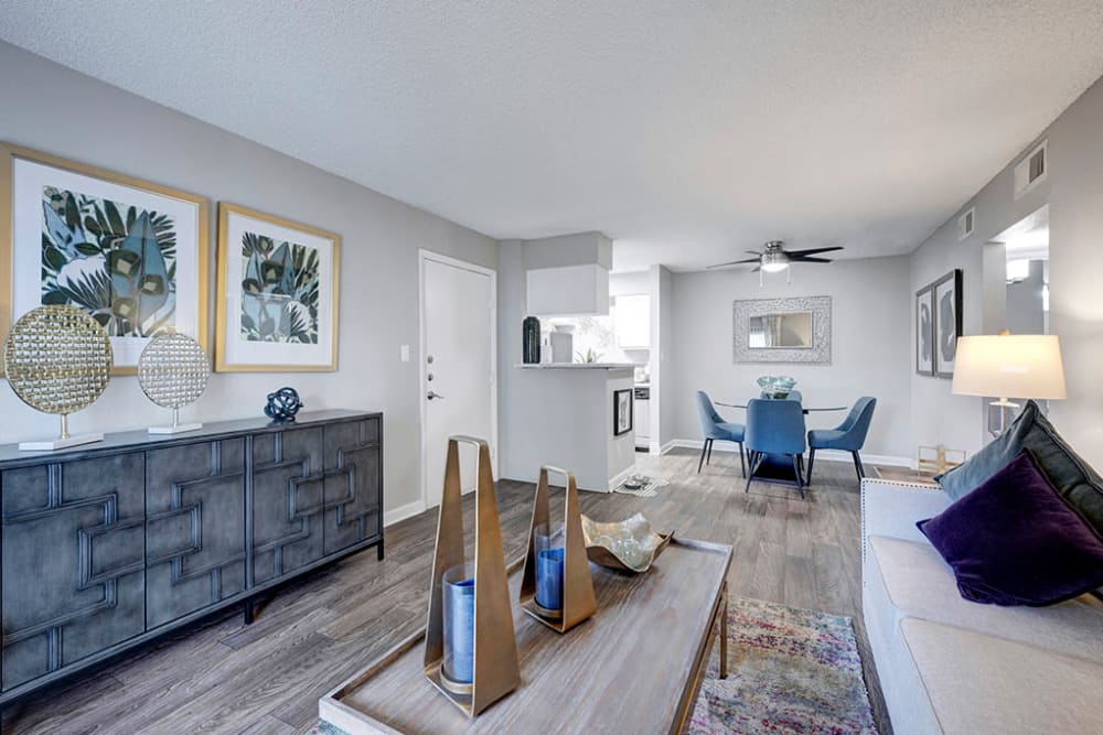 Living room at Hampden Heights Apartments in Denver, Colorado