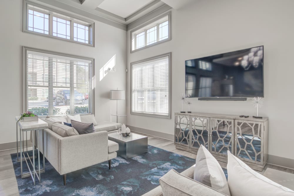 Comfortable seating in the community clubhouse at Bradley Park Apartments in Cumming, Georgia