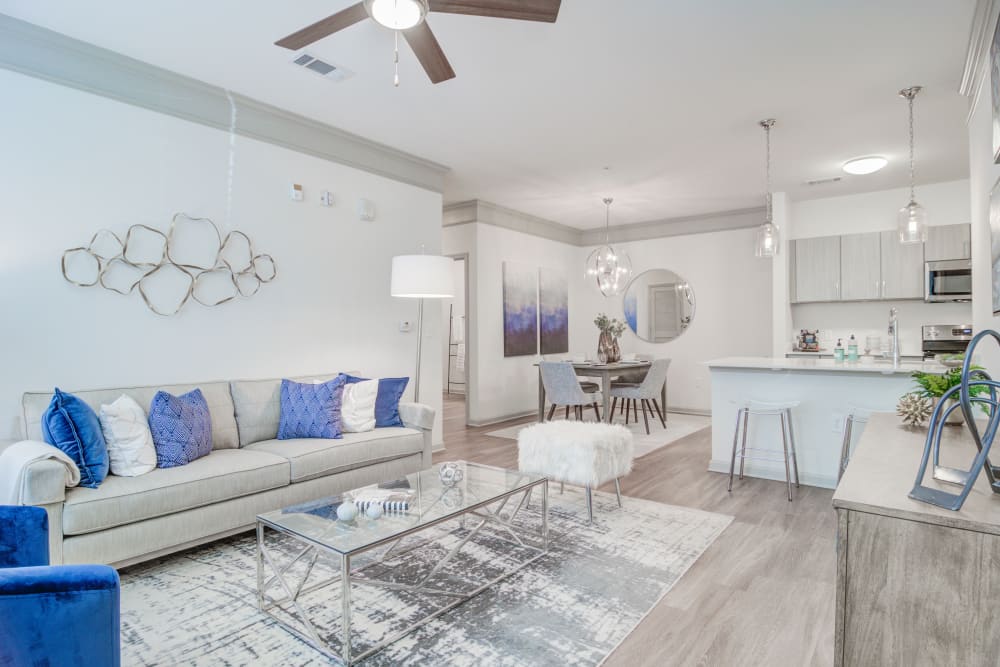 Wood flooring in a furnished apartment living room at Bradley Park Apartments in Cumming, Georgia