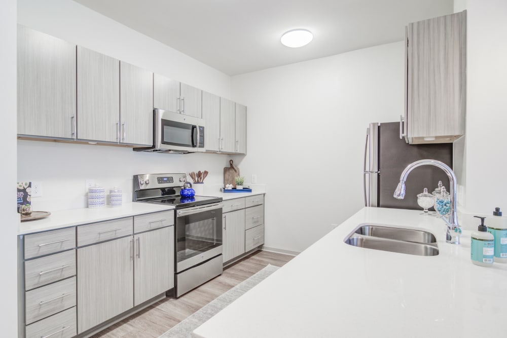 Light wood cabinets in an apartment kitchen at Bradley Park Apartments in Cumming, Georgia