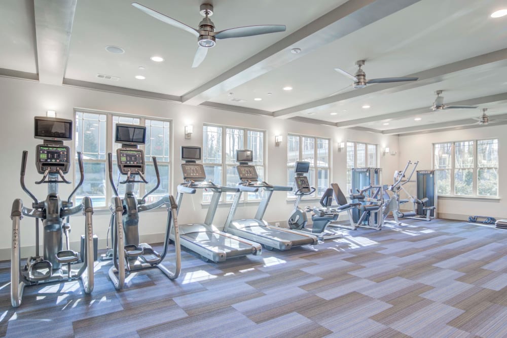 Exercise equipment in the fitness center at Bradley Park Apartments in Cumming, Georgia