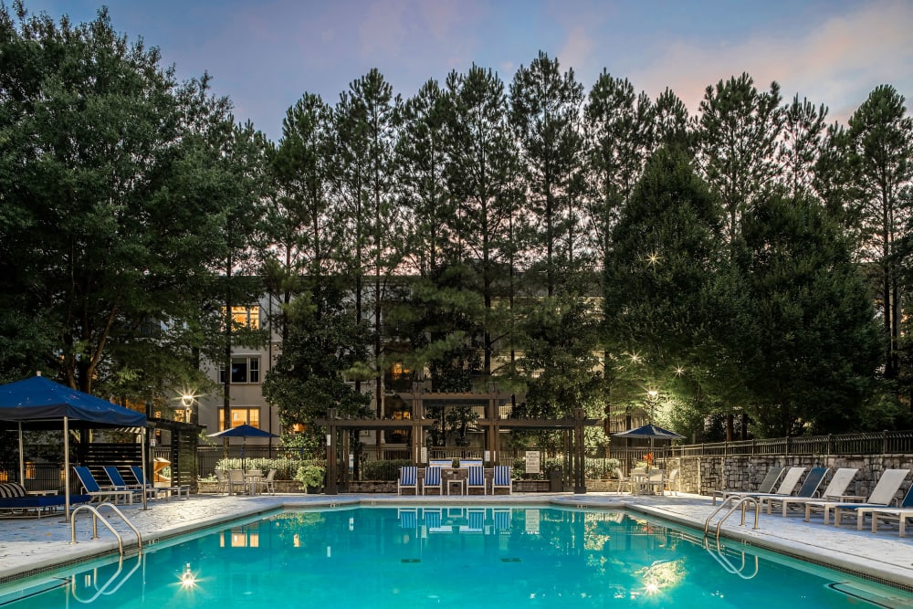 Swimming pool at dusk at Marq Perimeter in Atlanta, Georgia