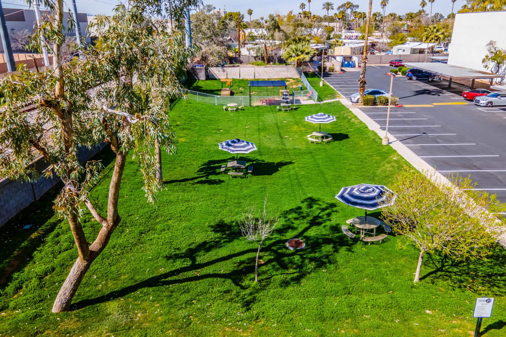 Outdoor community area with picnic tables at Station 21 Apartments in Mesa, Arizona
