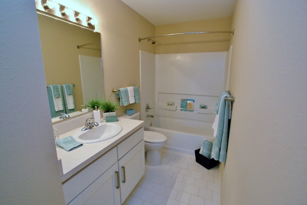 Bathroom with white cabinetry and tub/shower combination at Arbor Brook in Murfreesboro, Tennessee