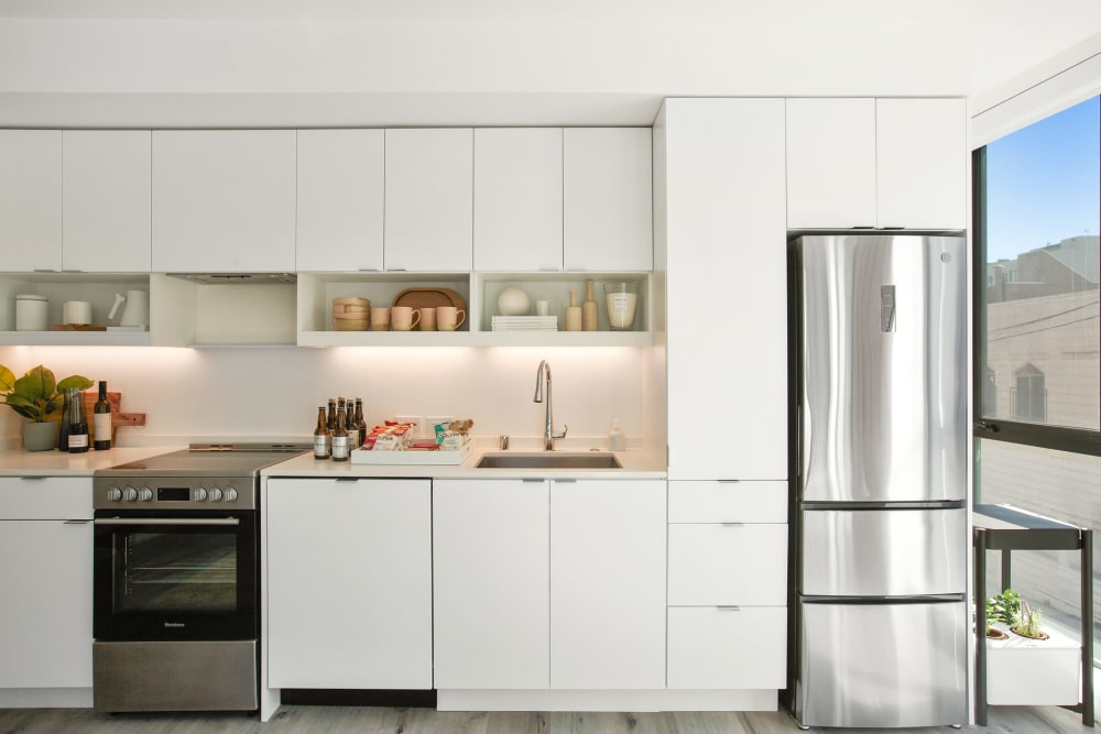 Kitchen with stainless-steel appliances at 188 Octavia in San Francisco, California