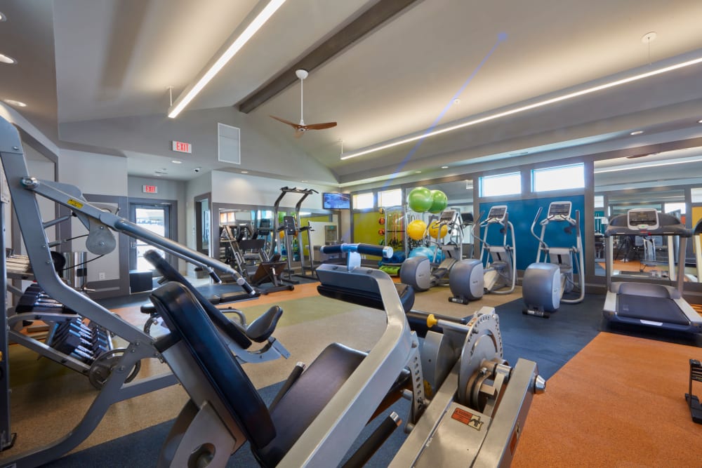 Exercise machines in the expansive fitness center at Lakeside Terraces in Sterling Heights, Michigan