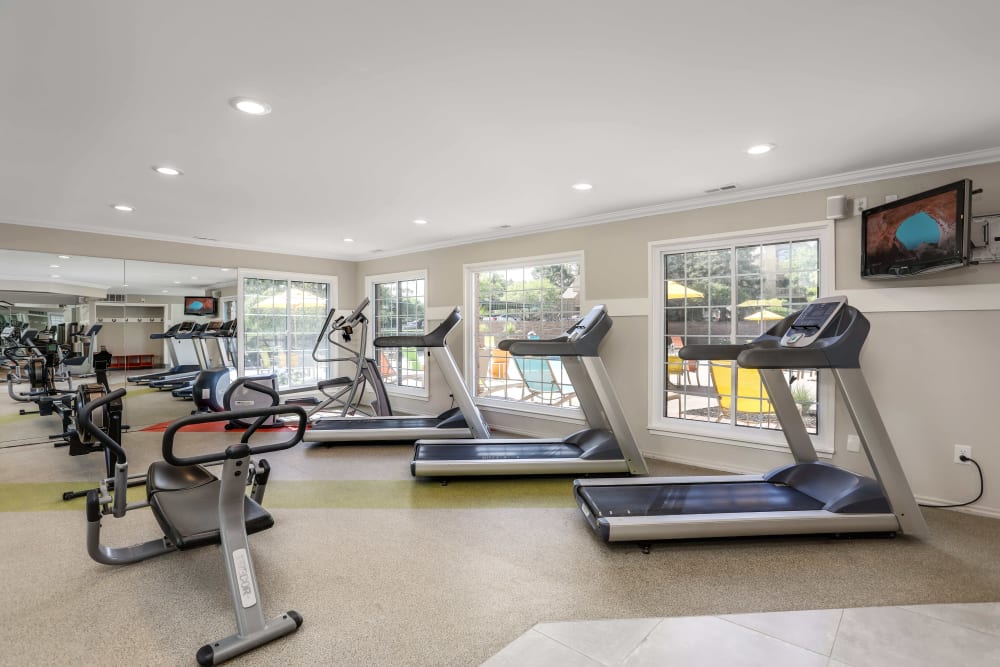 Exercise room with cardio and strength equipment plus flat screen TVs at Saddle Creek Apartments in Novi, Michigan