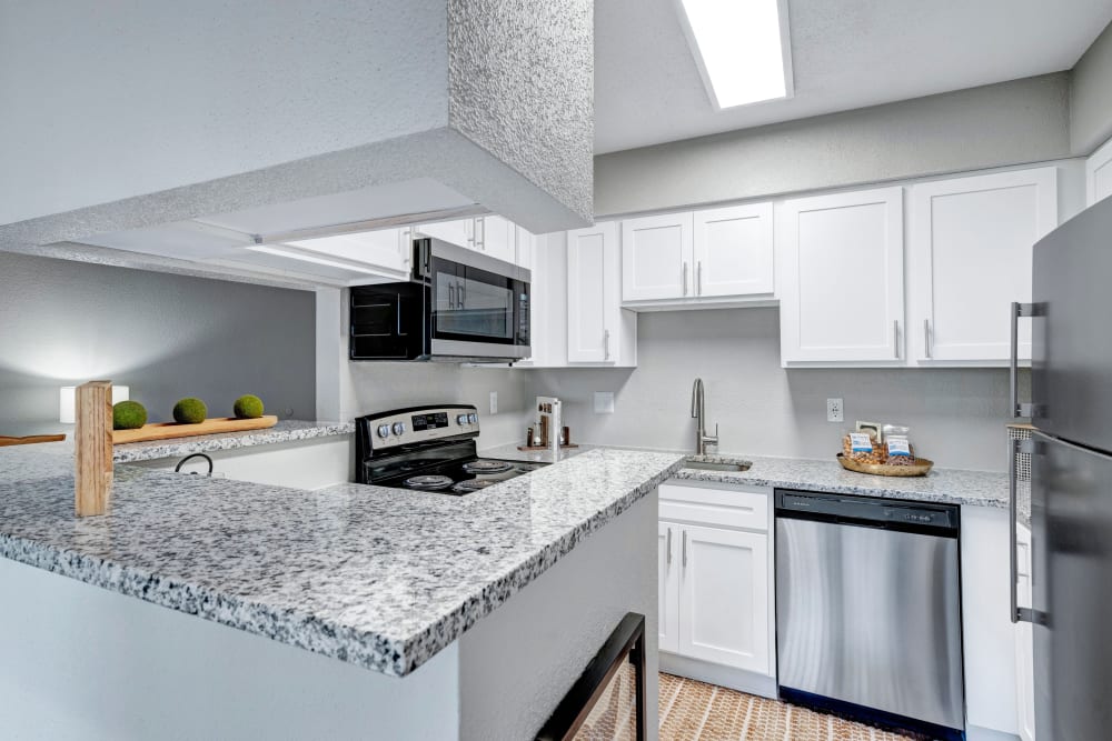 Kitchen with counter at Apartments in Sugar Land, Texas