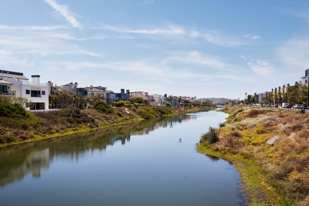 Aerial view of wetlands near Dolphin Marina Apartments in Marina Del Rey, California