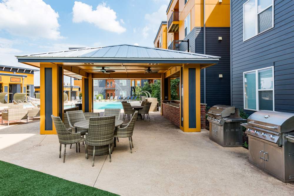 Covered patio seating at The Quarters at Stillwater in Stillwater, Oklahoma