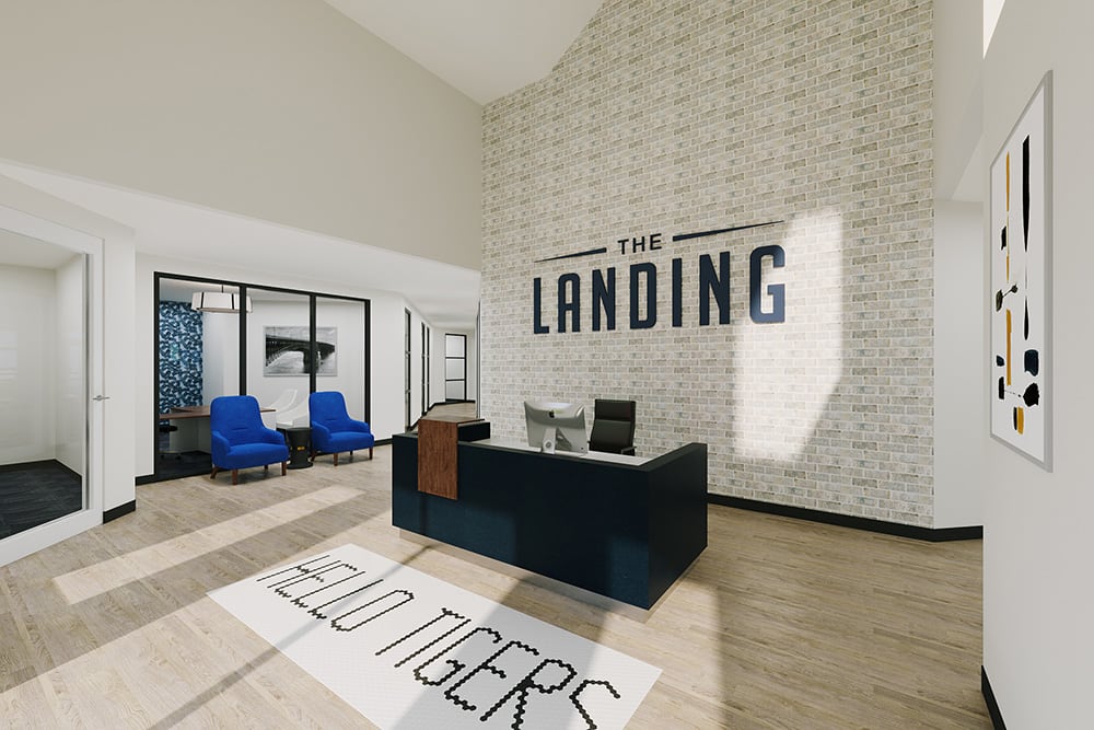 Lobby and front desk at The Landing at CoMo in Columbia, Missouri