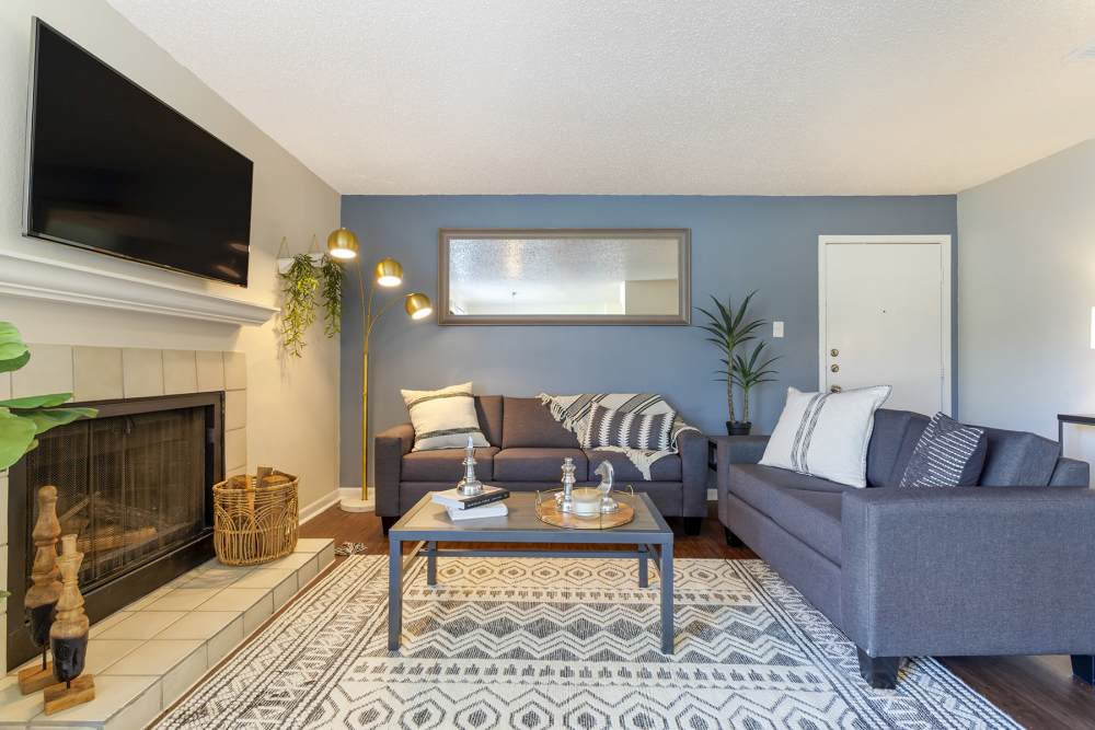 Living room with large area rug, television, and sofa at The Landing at College Station in College Station, Texas