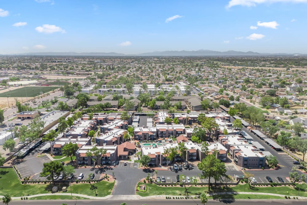Aerial view housing community at Cantala in Glendale, Arizona