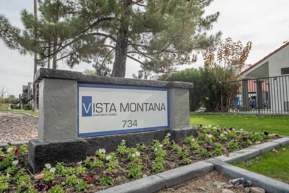 Exterior sign at Vista Montana Apartments in Tucson, Arizona