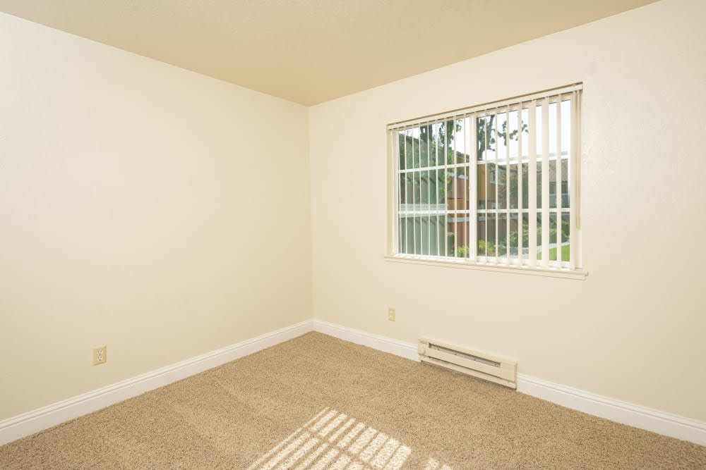 Bedroom with plush carpeting and a large window at Peppertree Apartments in San Jose, California