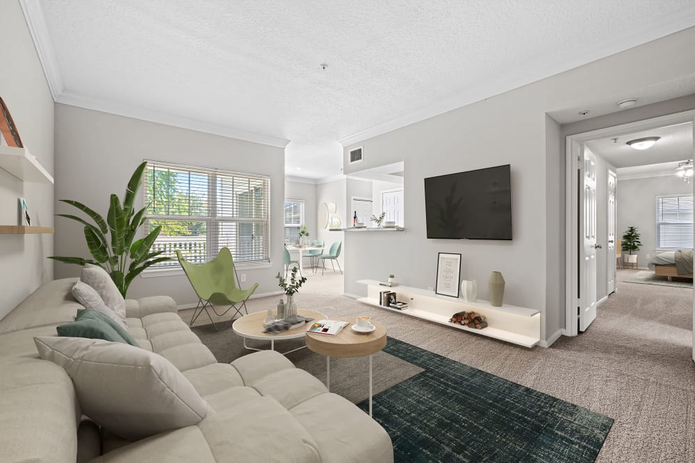 Carpeted living space at Marquis at Silverton in Cary, North Carolina