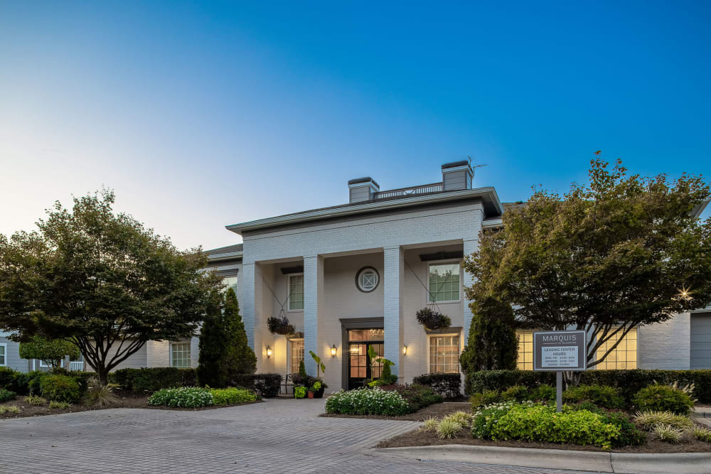 Entrance at twilight at Marquis at Silverton in Cary, North Carolina