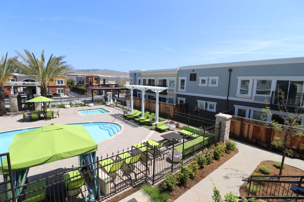 Aerial view of the swimming pool surrounded by lounge chairs and cabanas at Ramblewood Apartments in Fremont, California