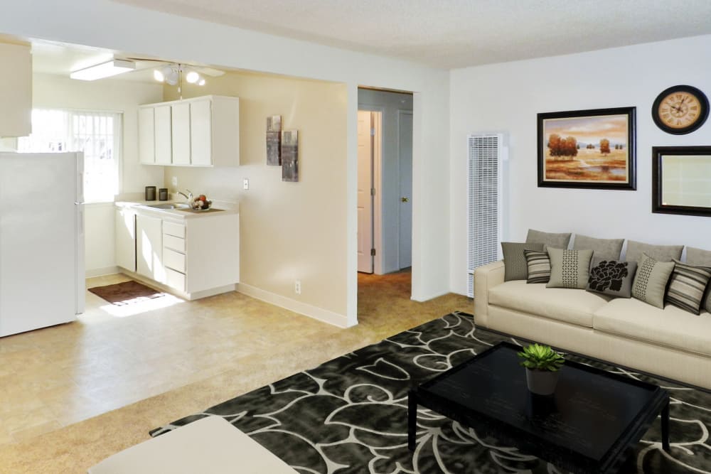 Living room and kitchen at Mountain View Apartments in Concord, California