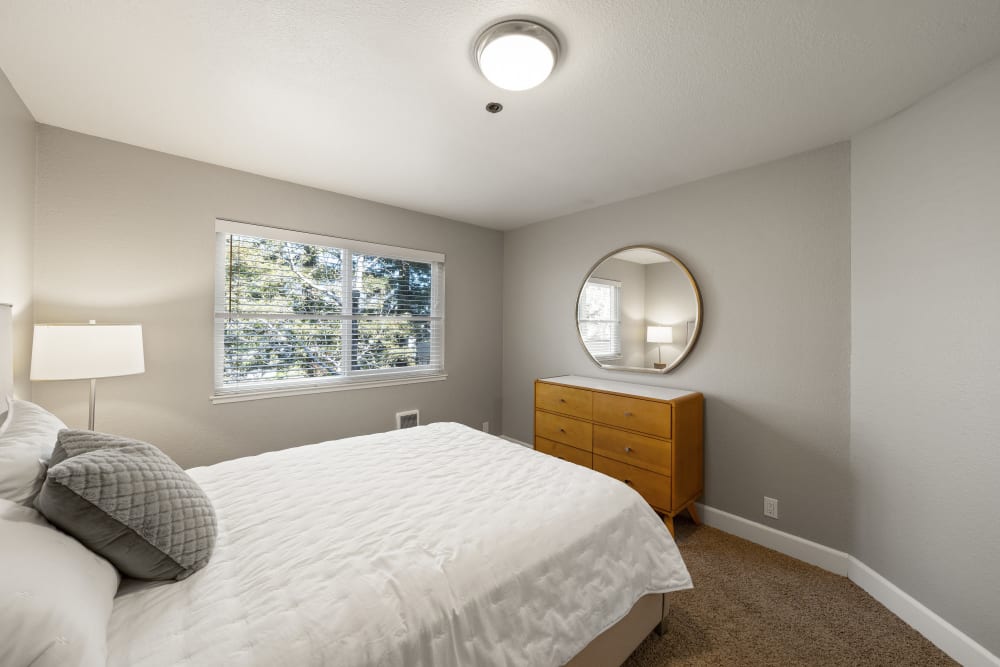 Model bedroom with a large window and plush carpeting at Summerhill Terrace Apartments in San Leandro, California