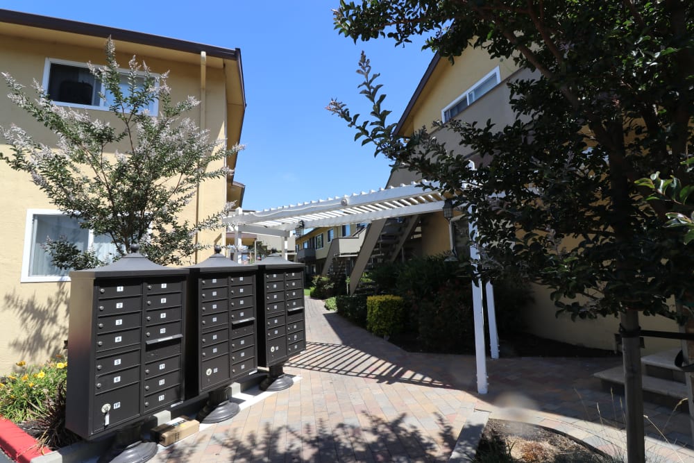 Mailboxes outside of Marina Plaza Apartments in San Leandro, California