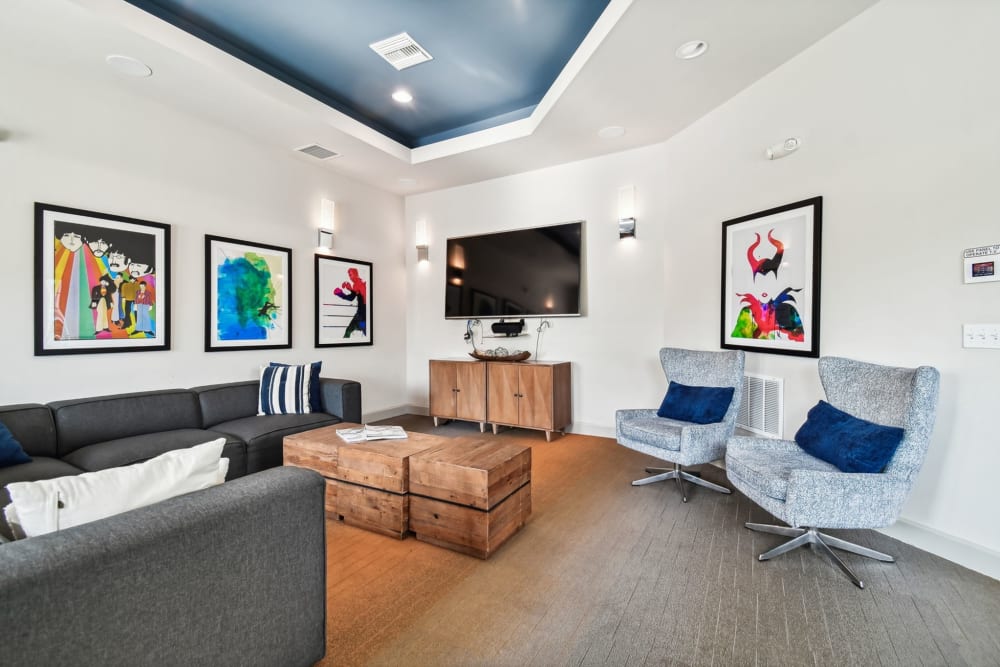 Hip living room at Goldelm at Bennett Park in Bradenton, Florida