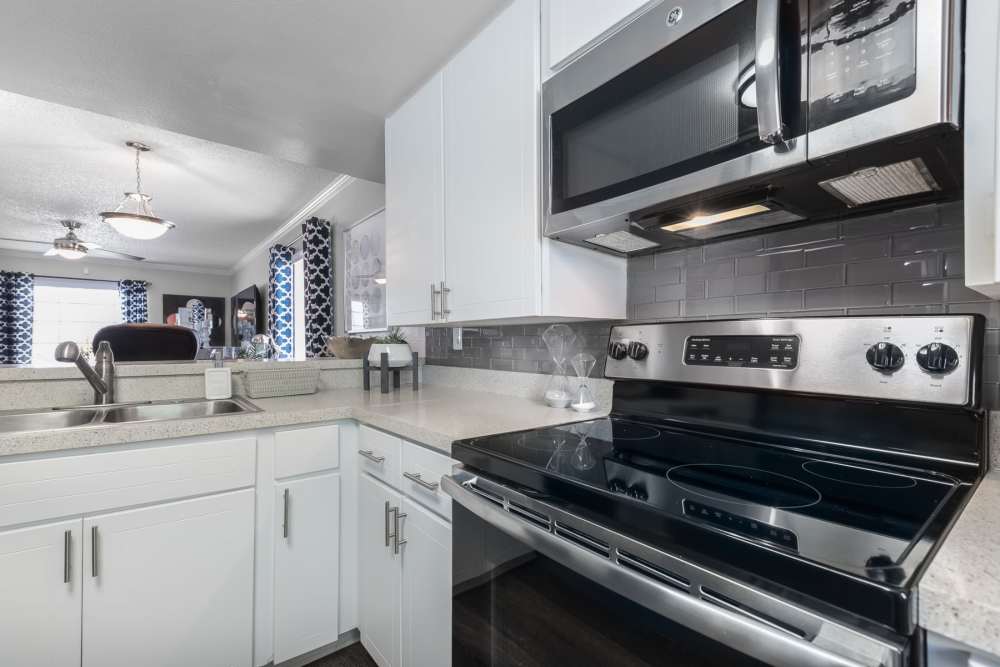 Apartment kitchen with stainless steel appliances at Barrington Place at Winter Haven in Winter Haven, Florida