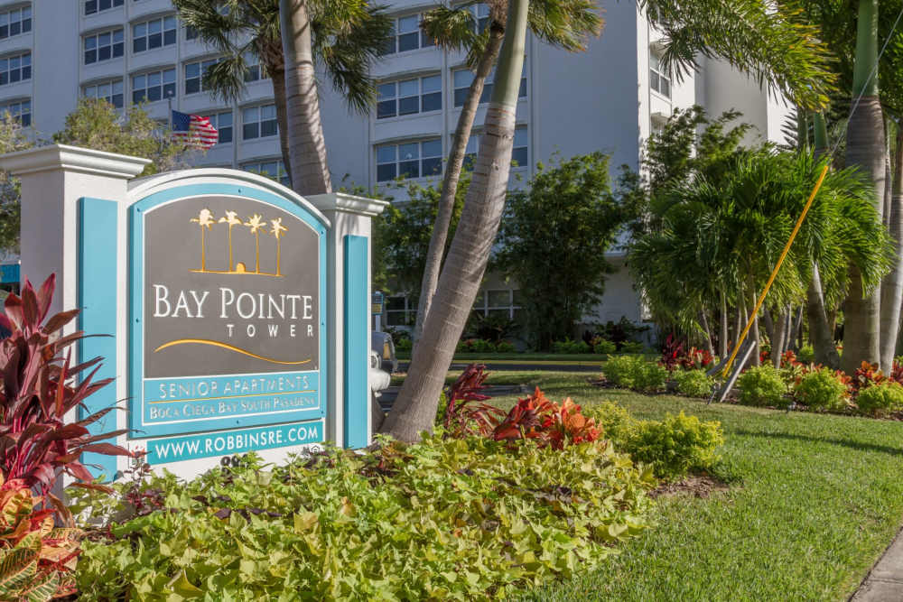 Exterior and signage at Bay Pointe Tower in South Pasadena, Florida