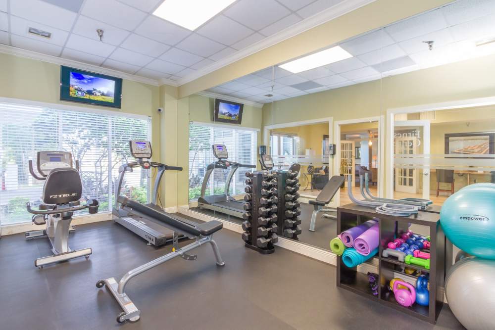 Community fitness center with weights and cardio equipment at Bay Pointe Tower in South Pasadena, Florida