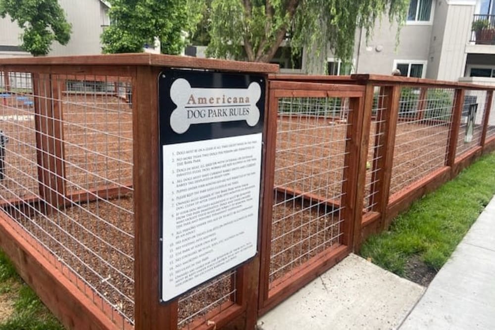Entrance to the dog park at Americana Apartments in Rohnert Park, California