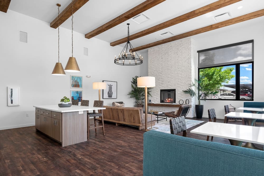 Resident lounge community with kitchen at Cielo in Santa Fe, New Mexico