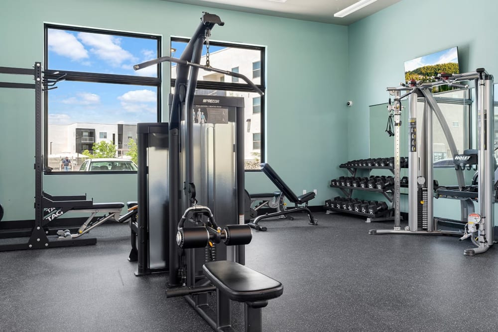 Cardio and weight lifting equipment in the fitness center at Cielo in Santa Fe, New Mexico