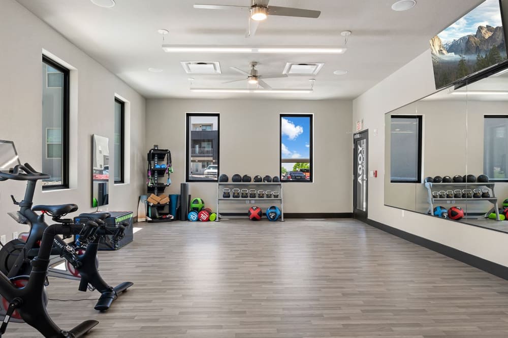  Exercise balls and wood floors in the fitness center at Cielo in Santa Fe, New Mexico