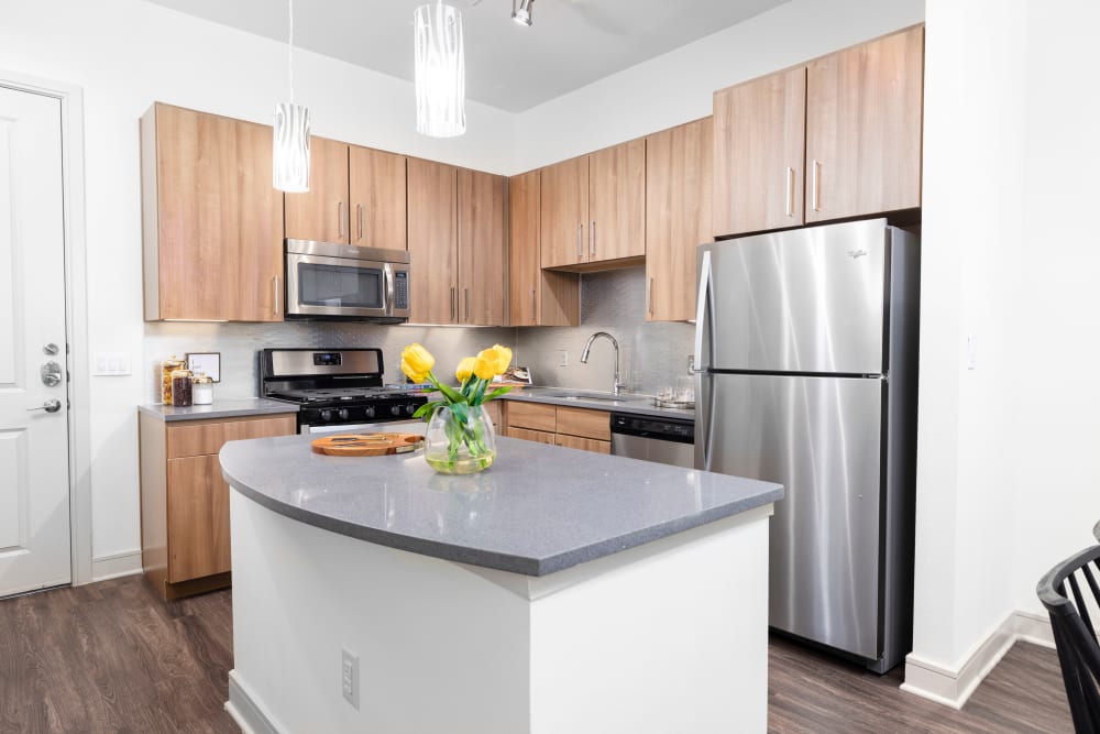 Luxury kitchen with stainless steel appliances at Olympus at Memorial in Houston, Texas