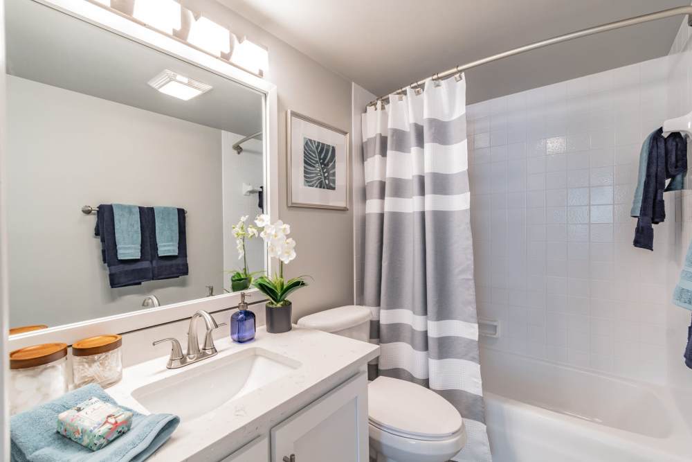 Apartment bathroom with large mirror, toilet, and full shower at Bermuda Cay in Boynton Beach, Florida
