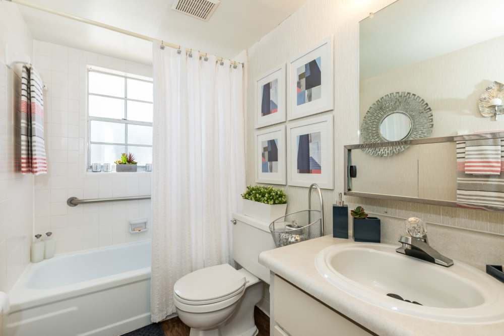 Apartment bathroom with toilet, sink, and mirror at Briarcrest at Winter Haven in Winter Haven, Florida