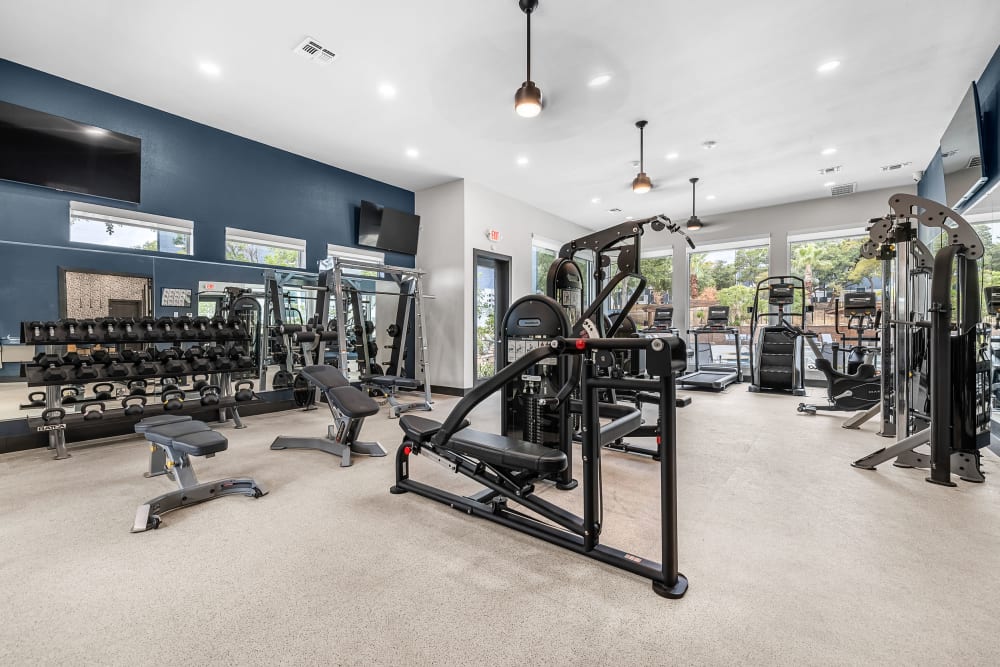 Free weights and cable machines at Marquis at Crown Ridge in San Antonio, Texas
