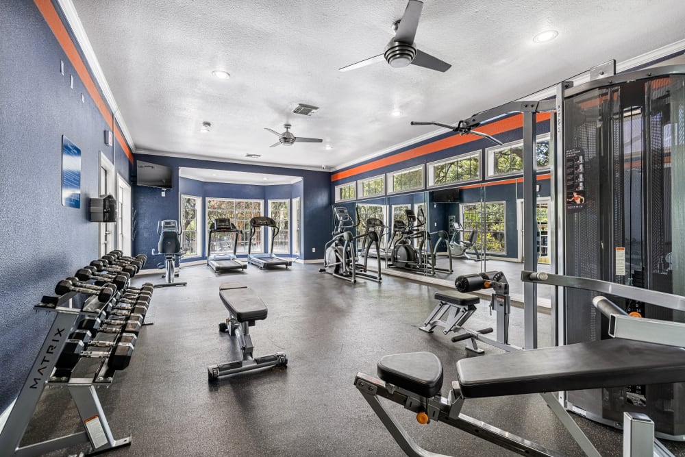 Weight machines in fitness center at Marquis at Deerfield in San Antonio, Texas